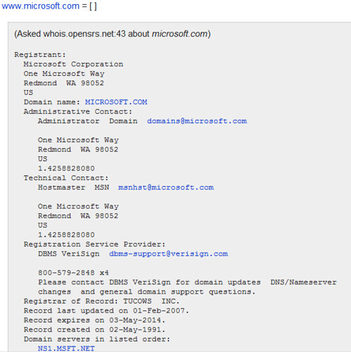 whois information on microsoft using samspade