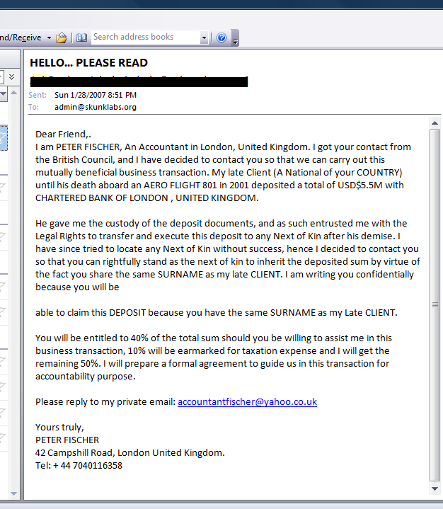 Nigerian Scammer sample letter