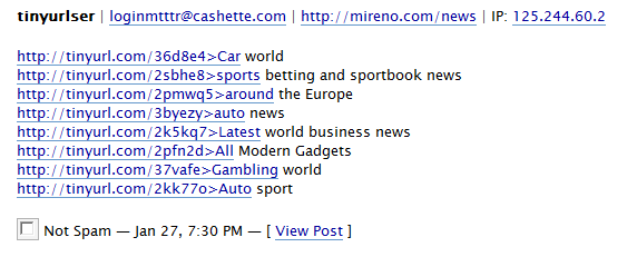 Example showing the use of TinyURL in blog spam