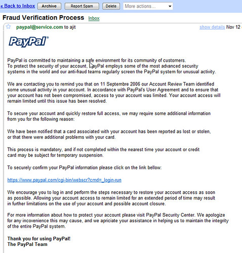Paypal phishing email