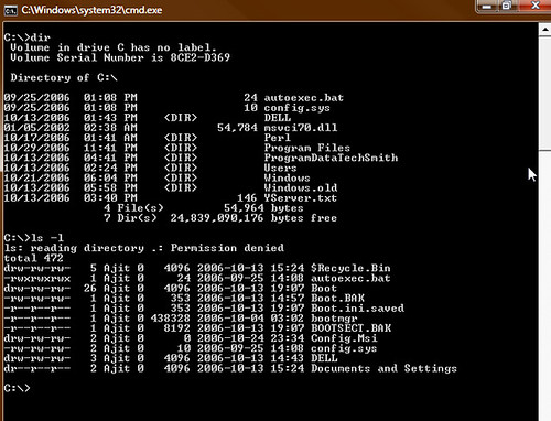 command prompt comparing dir vs ls